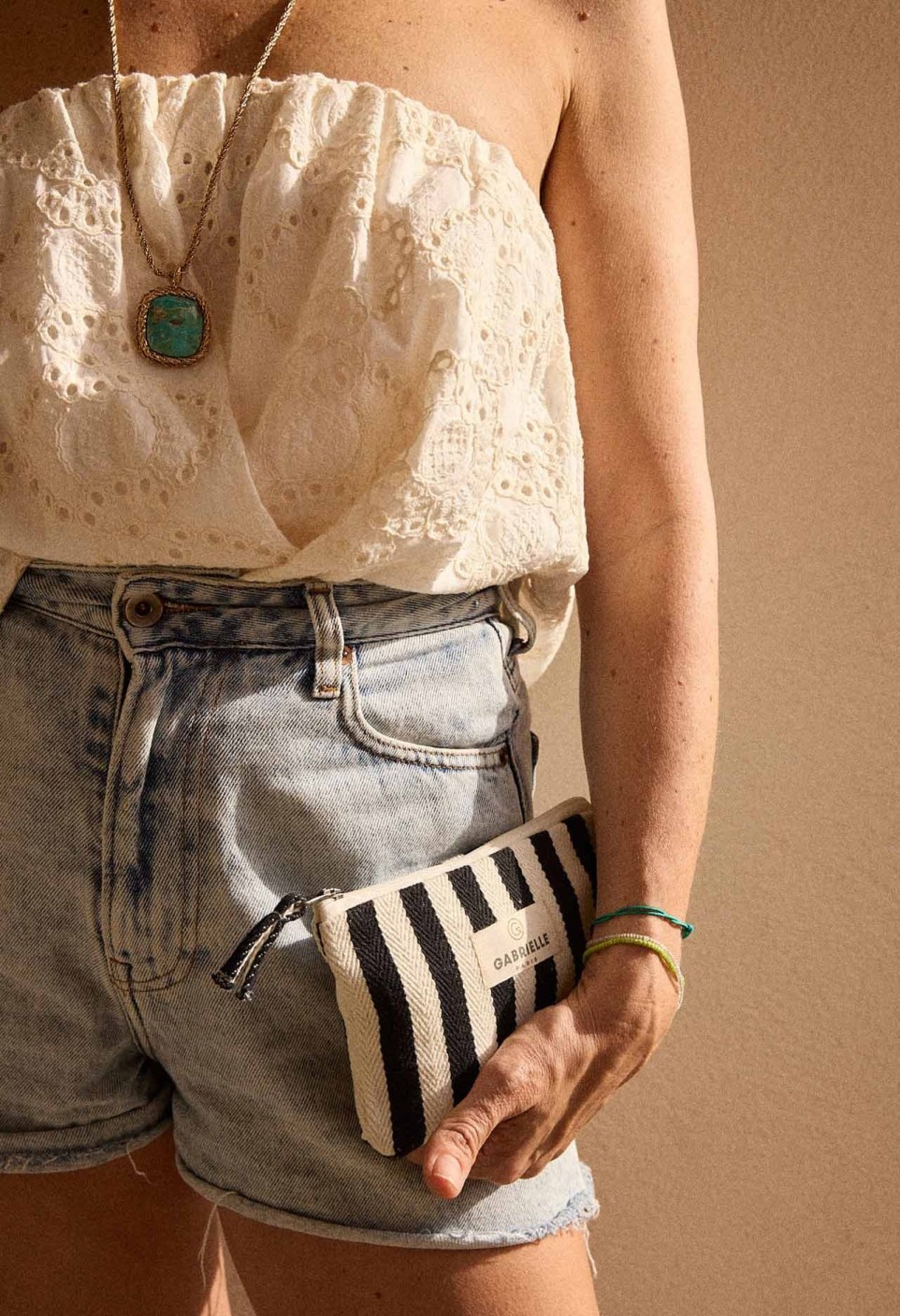 Black Striped Beauty Pouch in Cotton