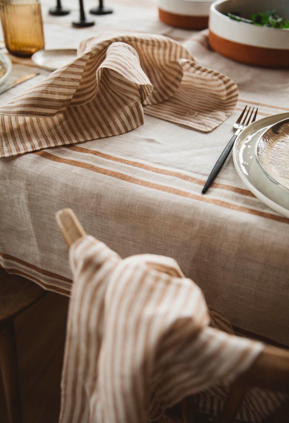 Linen tablecloth large café/milk stripes - 100% linen