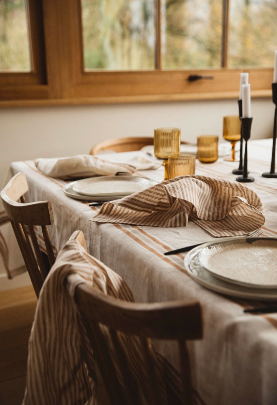Linen tablecloth large café/milk stripes - 100% linen