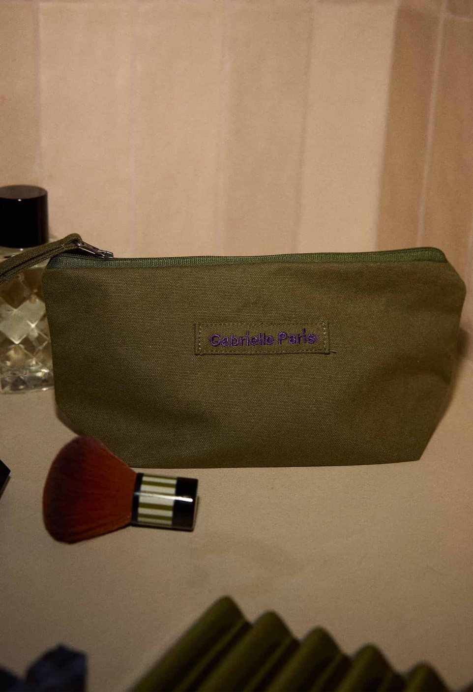 BEAUTY POUCH  PLAIN KAKI WITH EMBROIDERY